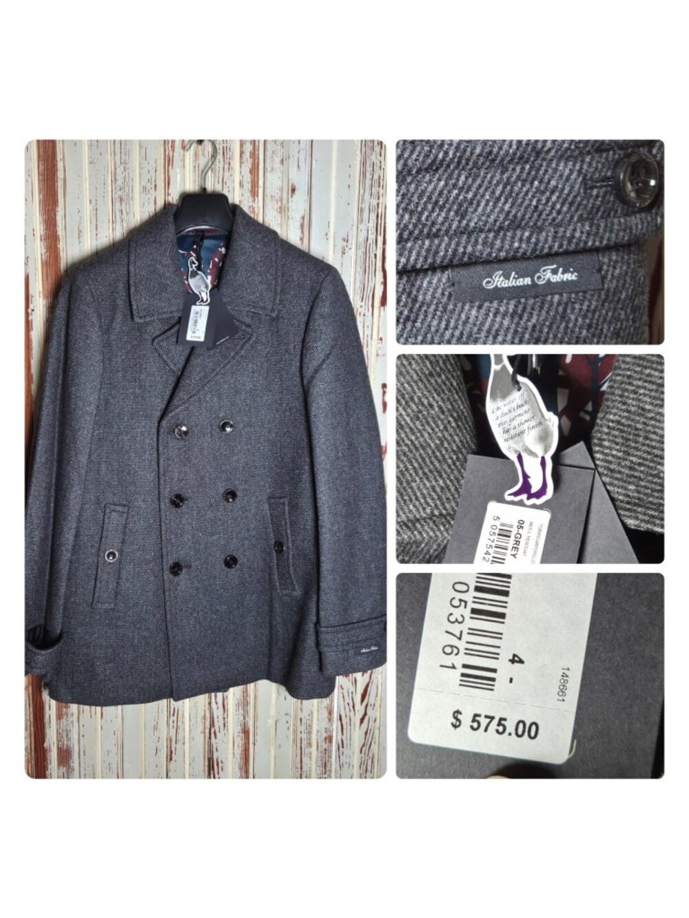 Ted Baker Pea Coat Wool Blend Men's Size 4 Double Breasted Lined Italian Fabric